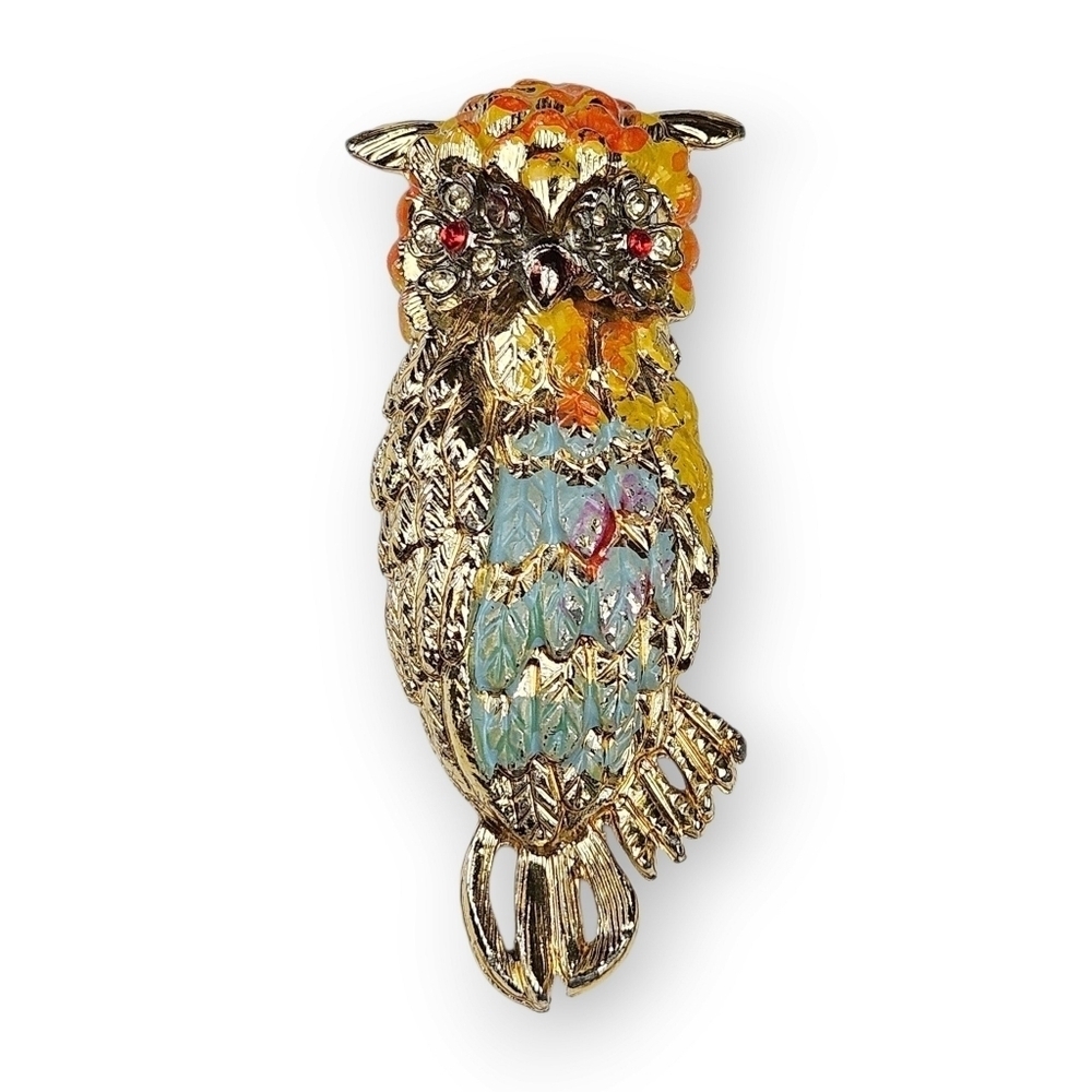 Vintage Owl Brooch Colorful Enamel Rhinestone Eyes Gold Plated Multicolor 2.5"